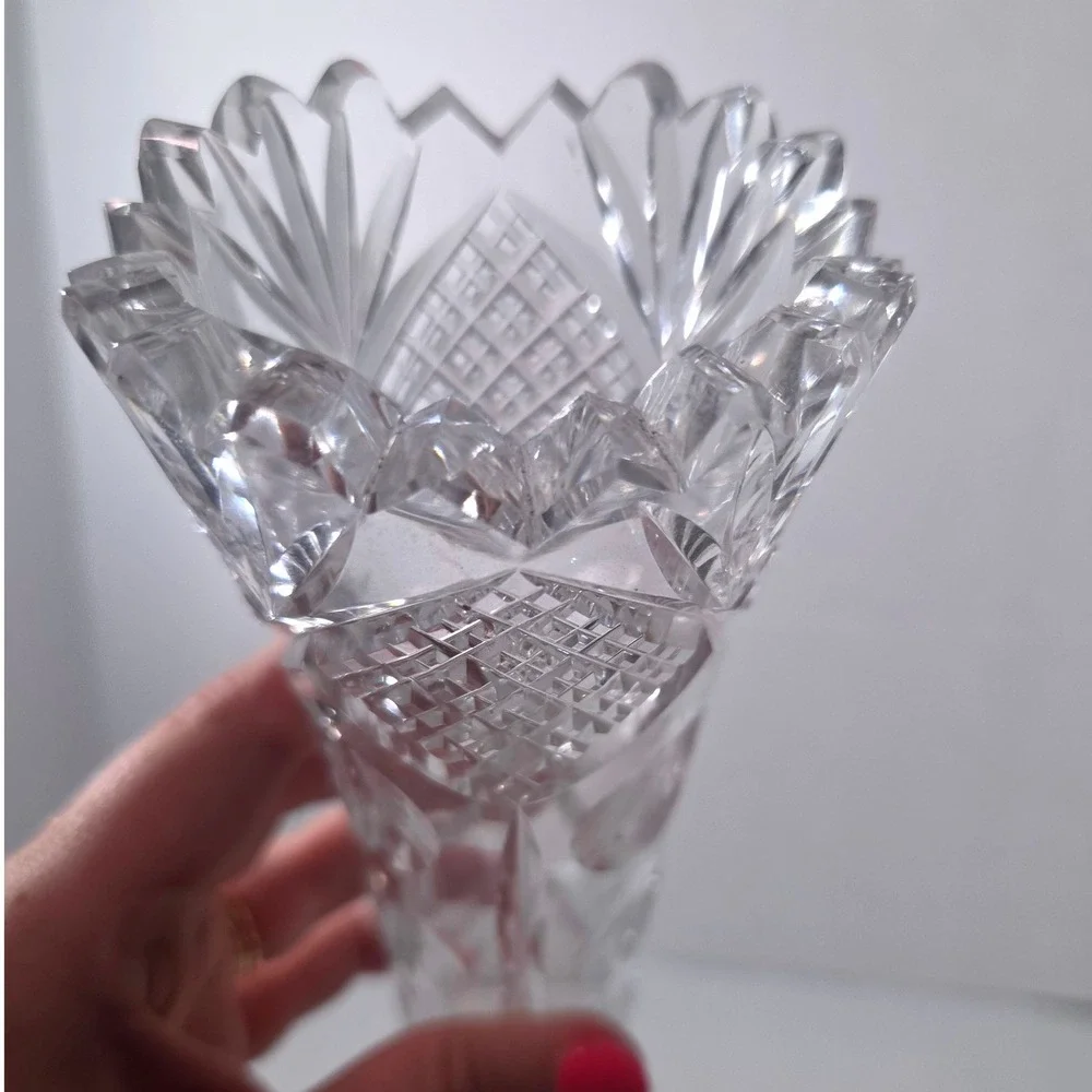 Antique American Brilliant Cut Glass Trumpet Vase Hobstar Punty Sawtooth Rim